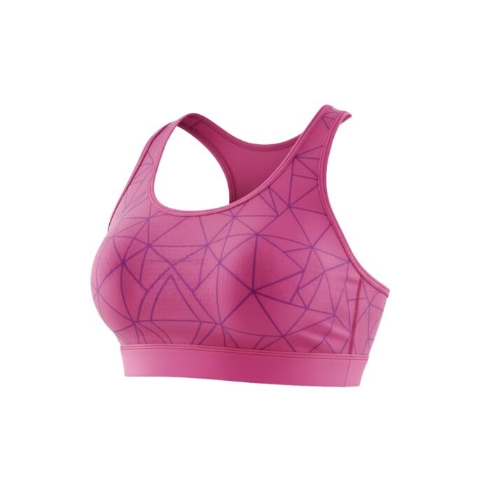 A pink sports bra with geometric patterns and a racerback design.