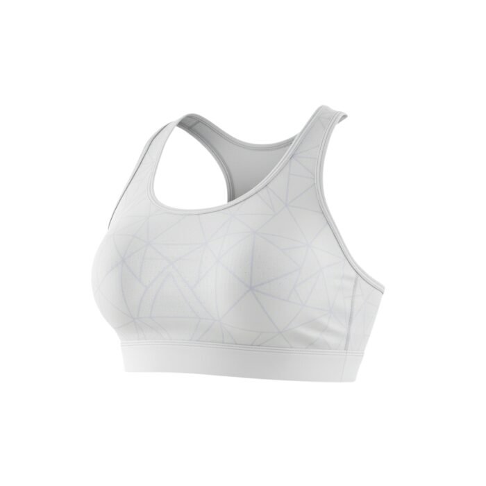 A white sports bra with subtle geometric patterns and a racerback design