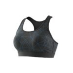 Black sports bra with blue geometric line patterns and racerback design.