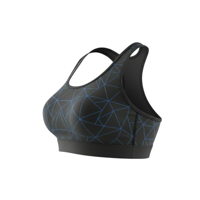 Black sports bra with blue geometric patterns and a sleek racerback design.