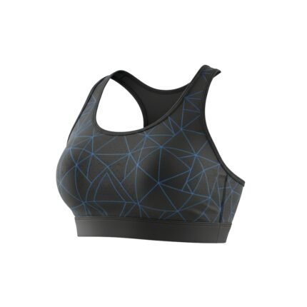 Black sports bra with blue geometric line patterns and racerback design.