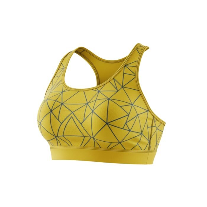 A yellow sports bra with black geometric patterns and a racerback design.