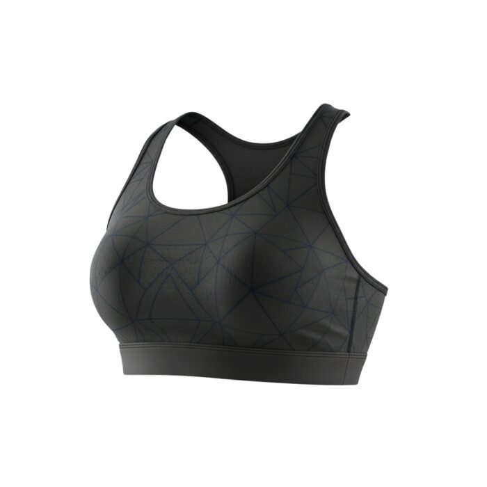 A black sports bra with subtle dark geometric patterns and a racerback design.