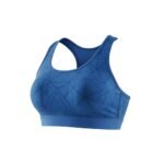 A blue sports bra with subtle geometric patterns and a racerback design