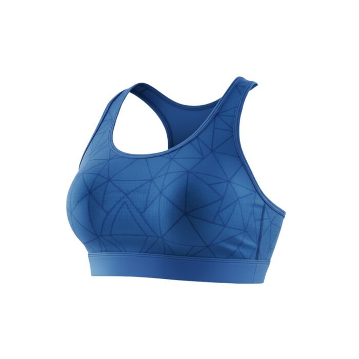 A blue sports bra with subtle geometric patterns and a racerback design