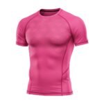 A bright pink compression-fit athletic t-shirt with subtle hexagonal patterns on the chest.