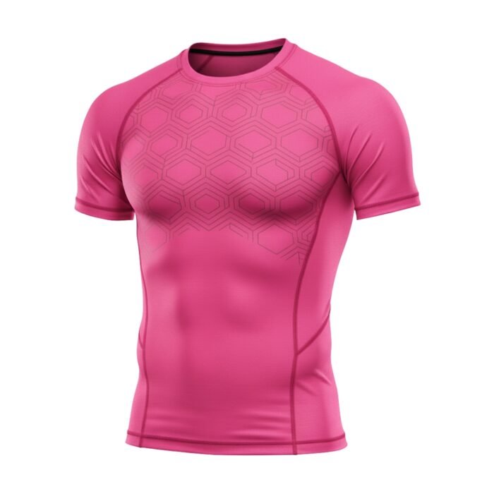 A bright pink compression-fit athletic t-shirt with subtle hexagonal patterns on the chest.