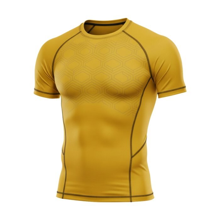 A yellow compression-fit athletic t-shirt with subtle hexagonal patterns on the chest and dark seam accents.