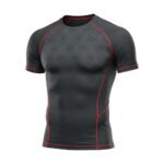 A dark gray compression-fit athletic t-shirt with subtle hexagonal patterns and red accents along the seams.