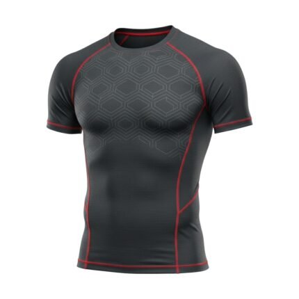 A dark gray compression-fit athletic t-shirt with subtle hexagonal patterns and red accents along the seams.