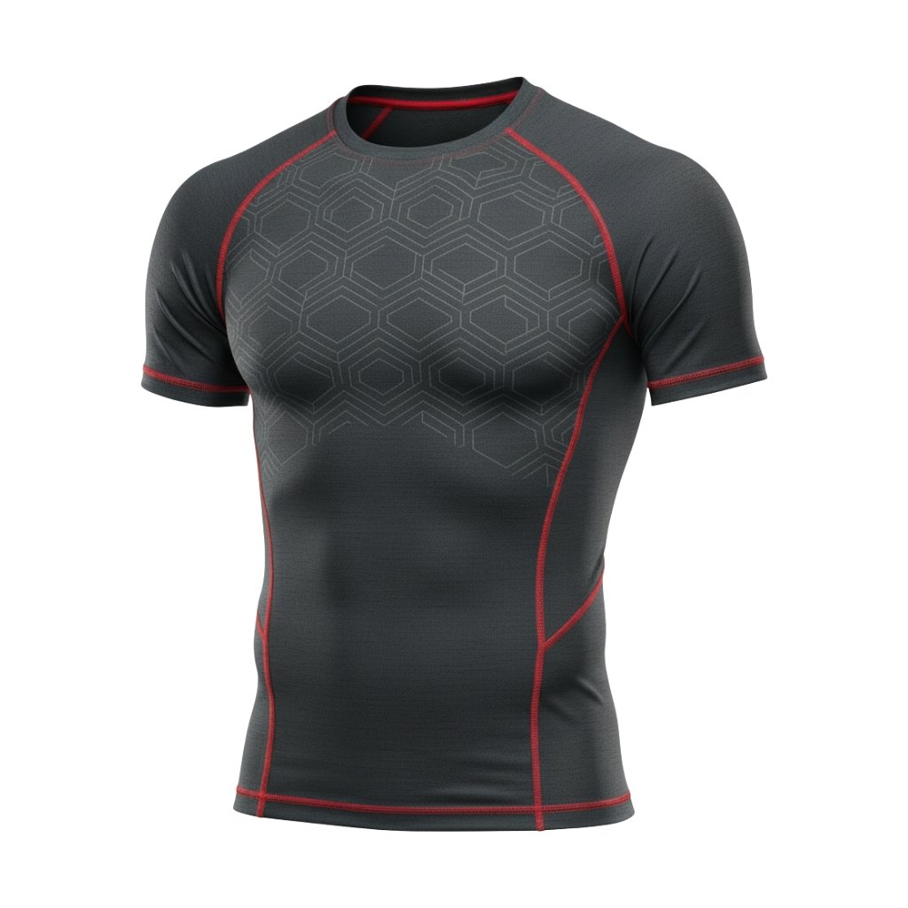 MMA short sleeve shirt A dark gray compression-fit athletic t-shirt with subtle hexagonal patterns and red accents along the seams.