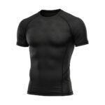 A black compression-fit athletic t-shirt with subtle hexagonal patterns on the chest