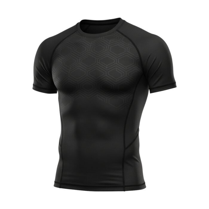 A black compression-fit athletic t-shirt with subtle hexagonal patterns on the chest