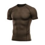 A brown compression-fit athletic t-shirt with subtle hexagonal patterns on the chest.