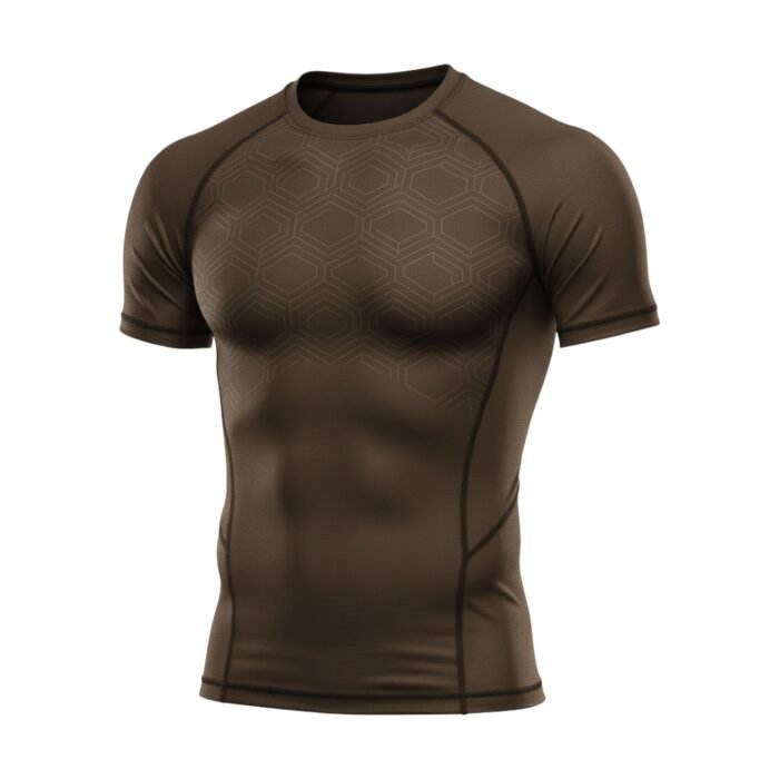 A brown compression-fit athletic t-shirt with subtle hexagonal patterns on the chest.