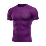 A purple compression-fit athletic t-shirt with subtle hexagonal patterns on the chest.