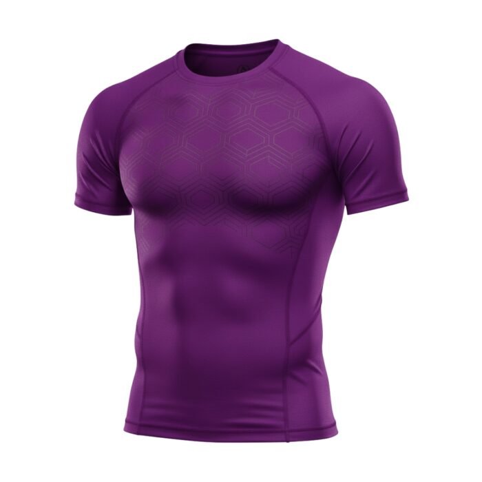 A purple compression-fit athletic t-shirt with subtle hexagonal patterns on the chest.