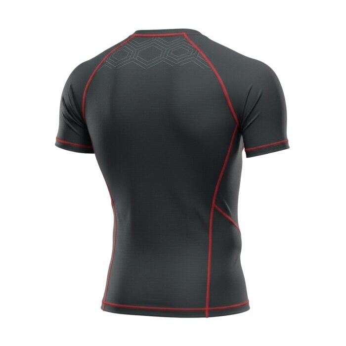 Back view of a gray athletic shirt with red accents and a subtle hexagonal pattern at the top.