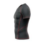 Side view of a gray athletic shirt with red seam accents and a subtle hexagonal pattern.