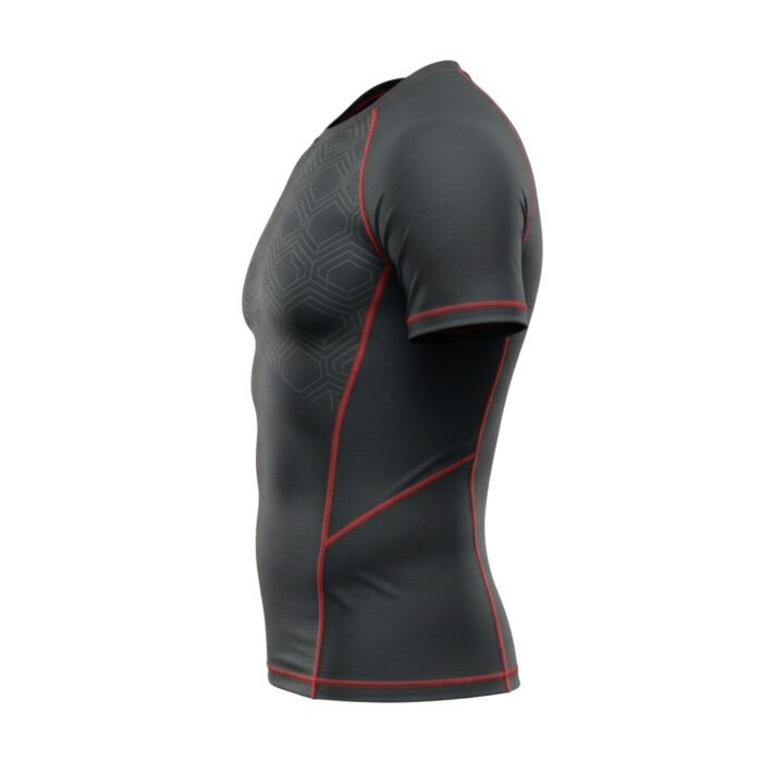 Side view of a gray athletic shirt with red seam accents and a subtle hexagonal pattern.