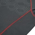 Close-up of gray fabric with a hexagonal pattern and red stitching detail
