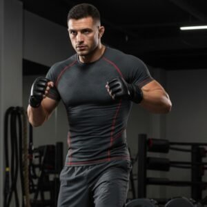 Man wearing a gray athletic shirt with red accents, standing in a gym with fists raised.