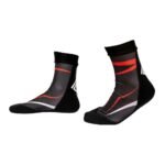 Black and red MMA-style compression socks with white stripes.