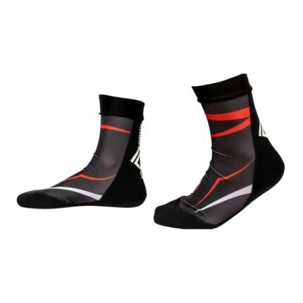 Black and red MMA-style compression socks with white stripes.