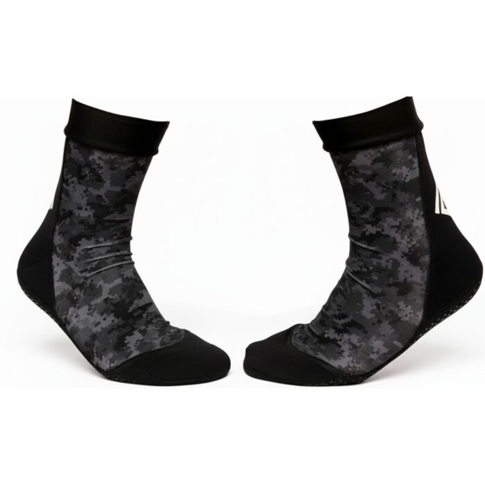 Black ankle socks with gray pixel-camo graphic pattern and cushioned black toe and heel.