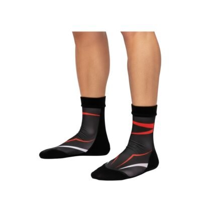 Black MMA compression socks with red and white racing stripes.