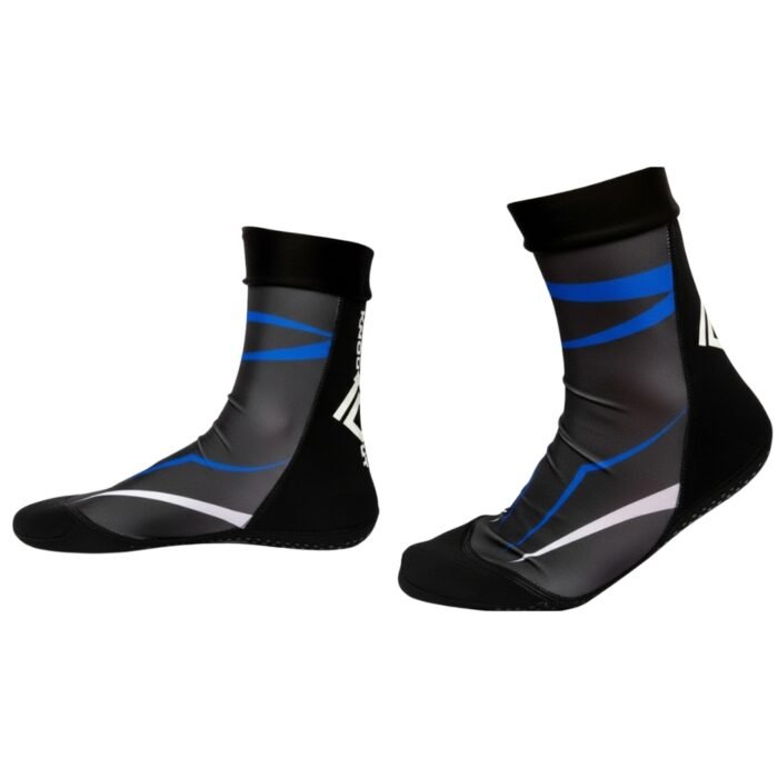 Black and blue MMA-style athletic socks with a white logo stripe.