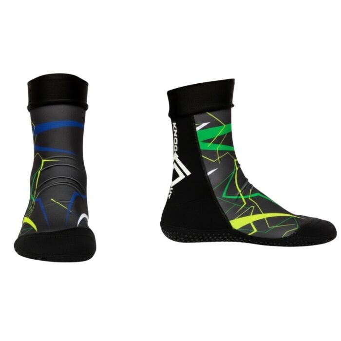 Black MMA-style ankle socks with green and yellow geometric accents.