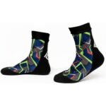 Blue and black MMA-style ankle socks with neon green and red geometric graphics.