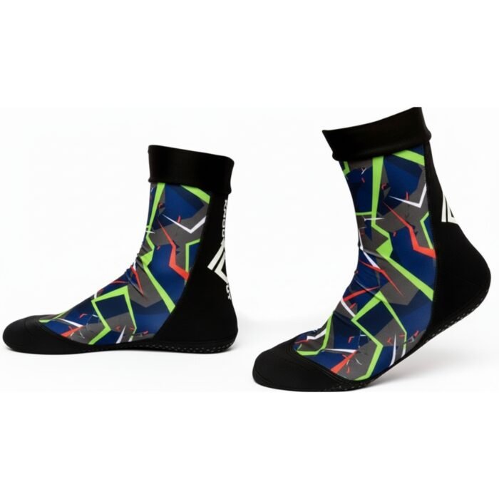Blue and black MMA-style ankle socks with neon green and red geometric graphics.