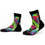 Neon green, pink, and blue MMA-style ankle socks with black cuff and bold geometric graphics.