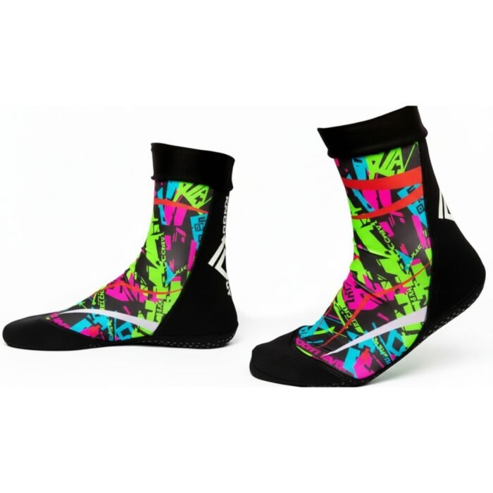 Neon green, pink, and blue MMA-style ankle socks with black cuff and bold geometric graphics.