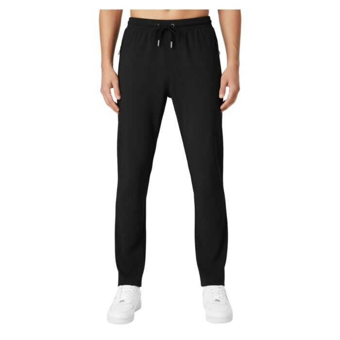 Front view of a person wearing black jogger pants with an elastic waistband, black drawstring, and white sneakers.