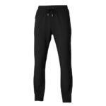 Front view of black jogger pants with an elastic waistband, drawstring closure, and zipper pockets on the sides