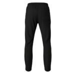 Rear view of black jogger pants featuring a back pocket and an elastic waistband.