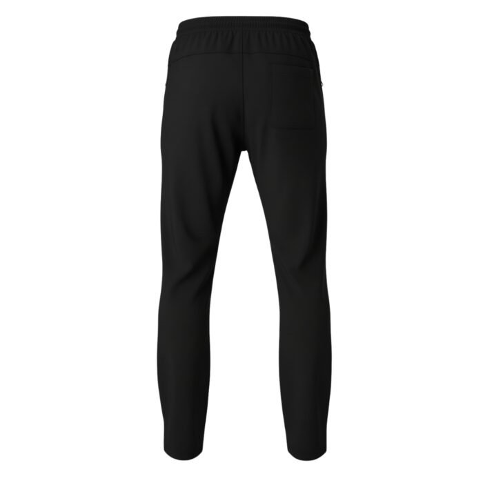 Rear view of black jogger pants featuring a back pocket and an elastic waistband.