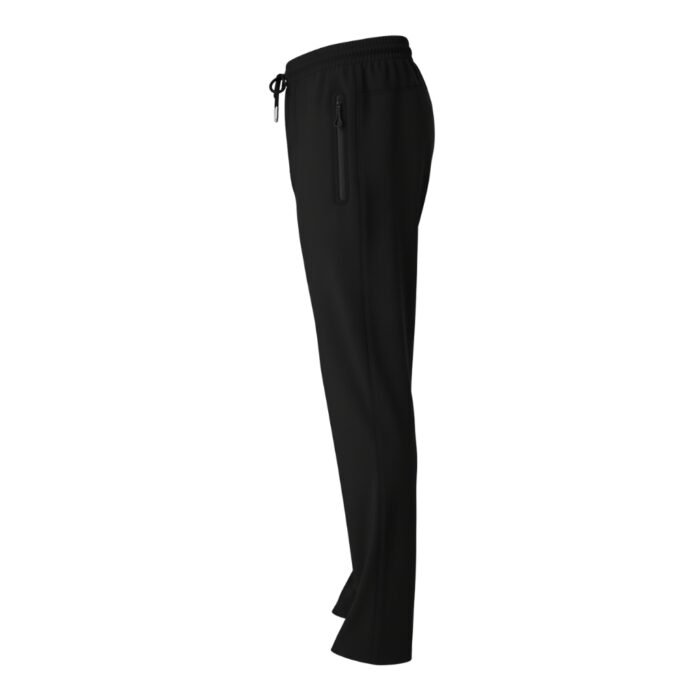 Side view of black jogger pants featuring a zipper pocket and an elastic waistband with drawstrings