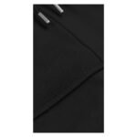 Close-up image of black fabric detail featuring fine stitching and metal drawstring tips.