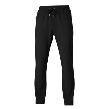 Front view of black jogger pants with an elastic waistband, drawstring closure, and zipper pockets on the sides