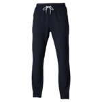 Dark navy jogger pants with an elastic waistband and white drawstring, featuring side zipper pockets.