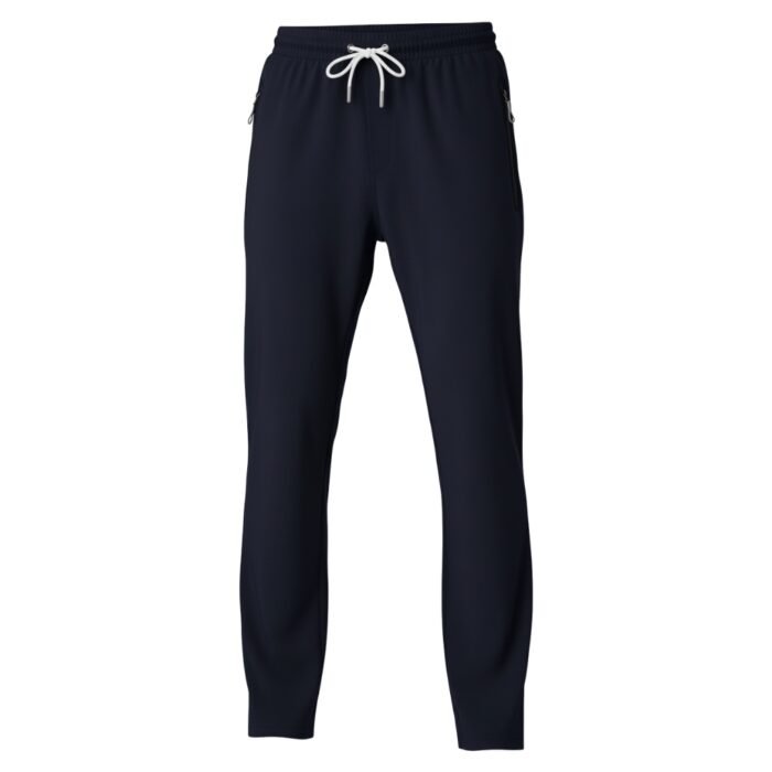 Dark navy jogger pants with an elastic waistband and white drawstring, featuring side zipper pockets.