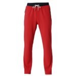 Bright red jogger pants with a black waistband and white drawstring, featuring zipper pockets on the sides.