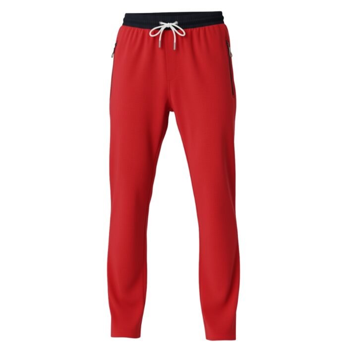 Bright red jogger pants with a black waistband and white drawstring, featuring zipper pockets on the sides.