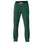 Deep green jogger pants with a black waistband and white drawstring, featuring zipper pockets on the sides
