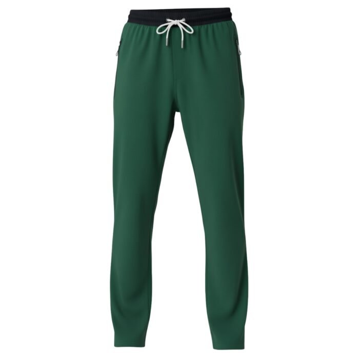 Deep green jogger pants with a black waistband and white drawstring, featuring zipper pockets on the sides