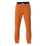 Bright orange jogger pants with a black waistband and white drawstring, featuring zipper pockets on the sides